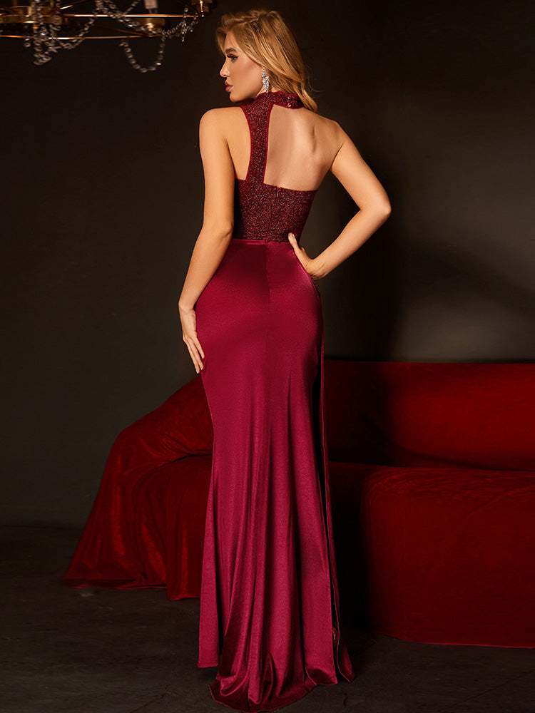 Silk Like Satin Sheath Halter Sleeveless-Prom Dress-GD102156