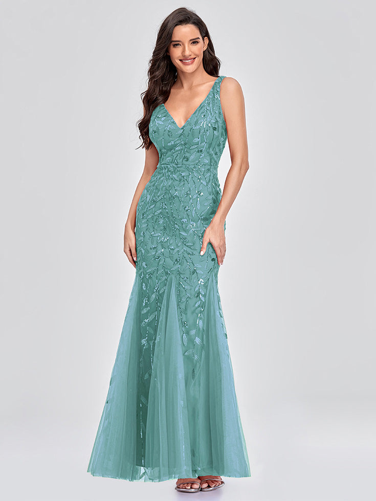 Sequin Mermaid/Trumpet V-Neck Sleeveless Prom Dress-GD102158
