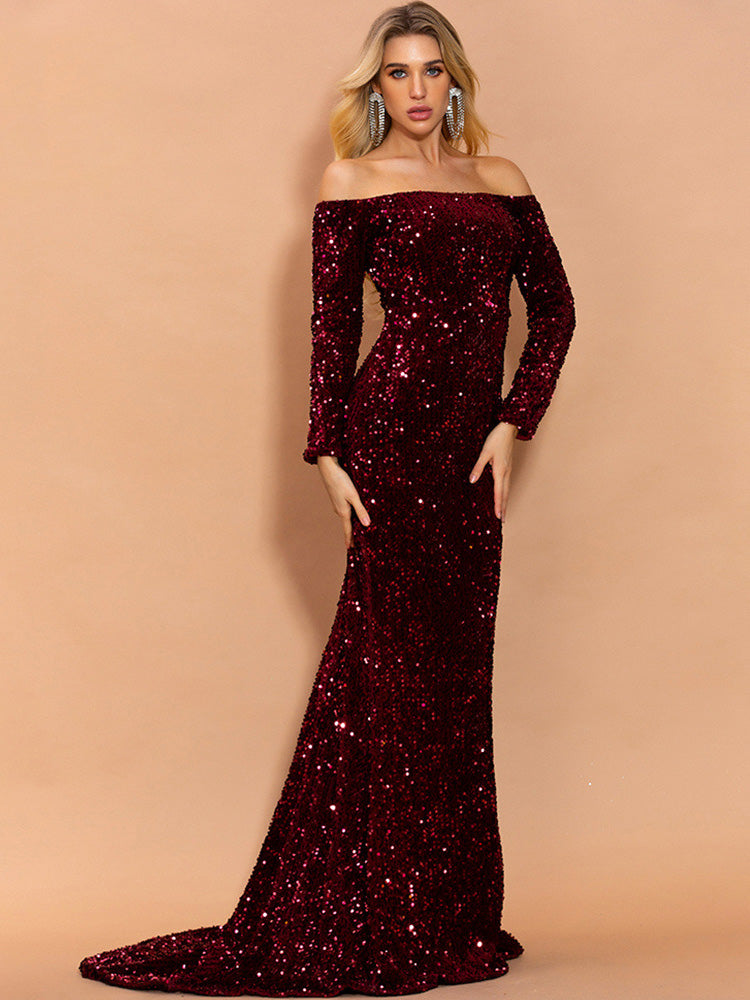 Sequin Mermaid/Trumpet Off the Shoulder Long Sleeves Prom Dress-GD102159