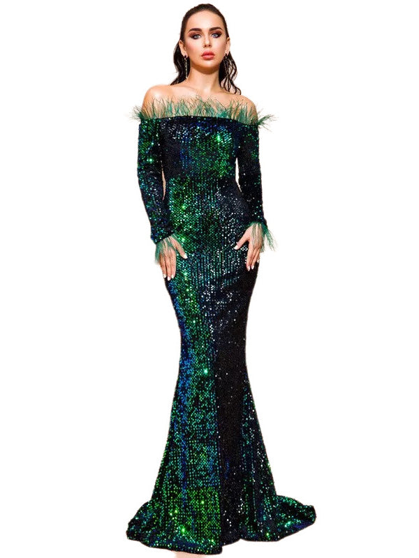 Sequin Mermaid/Trumpet Off the Shoulder Long Sleeves Prom Dress-GD102161