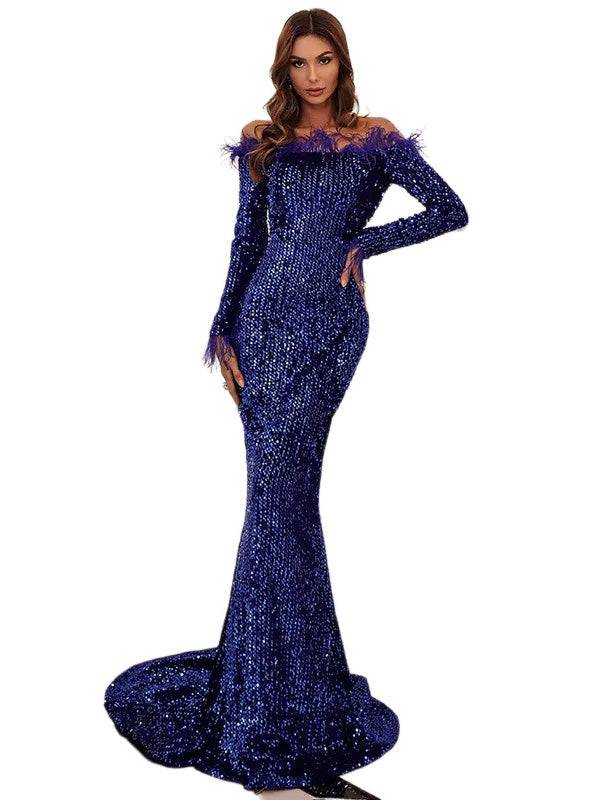 Sequin Mermaid/Trumpet Off the Shoulder Long Sleeves Prom Dress-GD102161