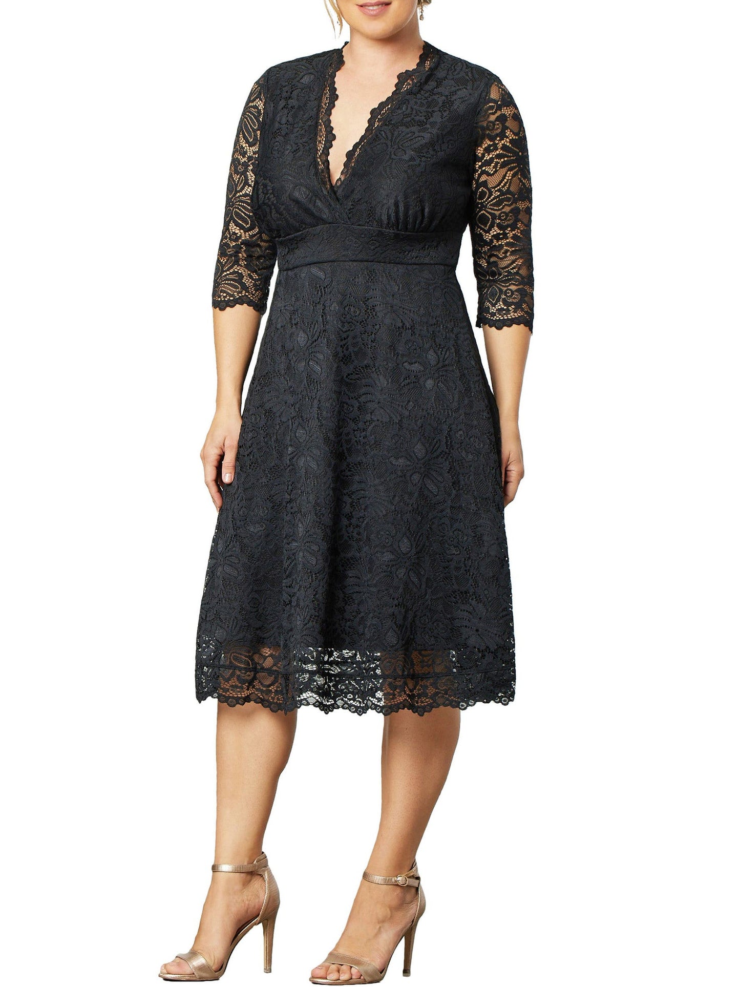 Lace A-Line Dipped 3/4 Sleeves Dress-GD102215