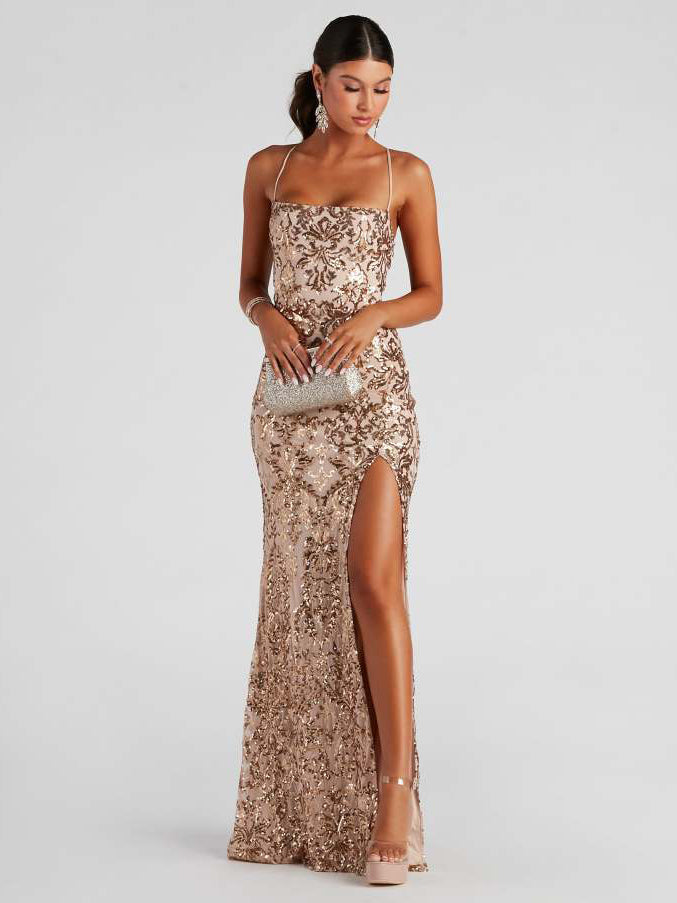 Sequin Sheath Boat Neck Sleeveless Dress-GD102298