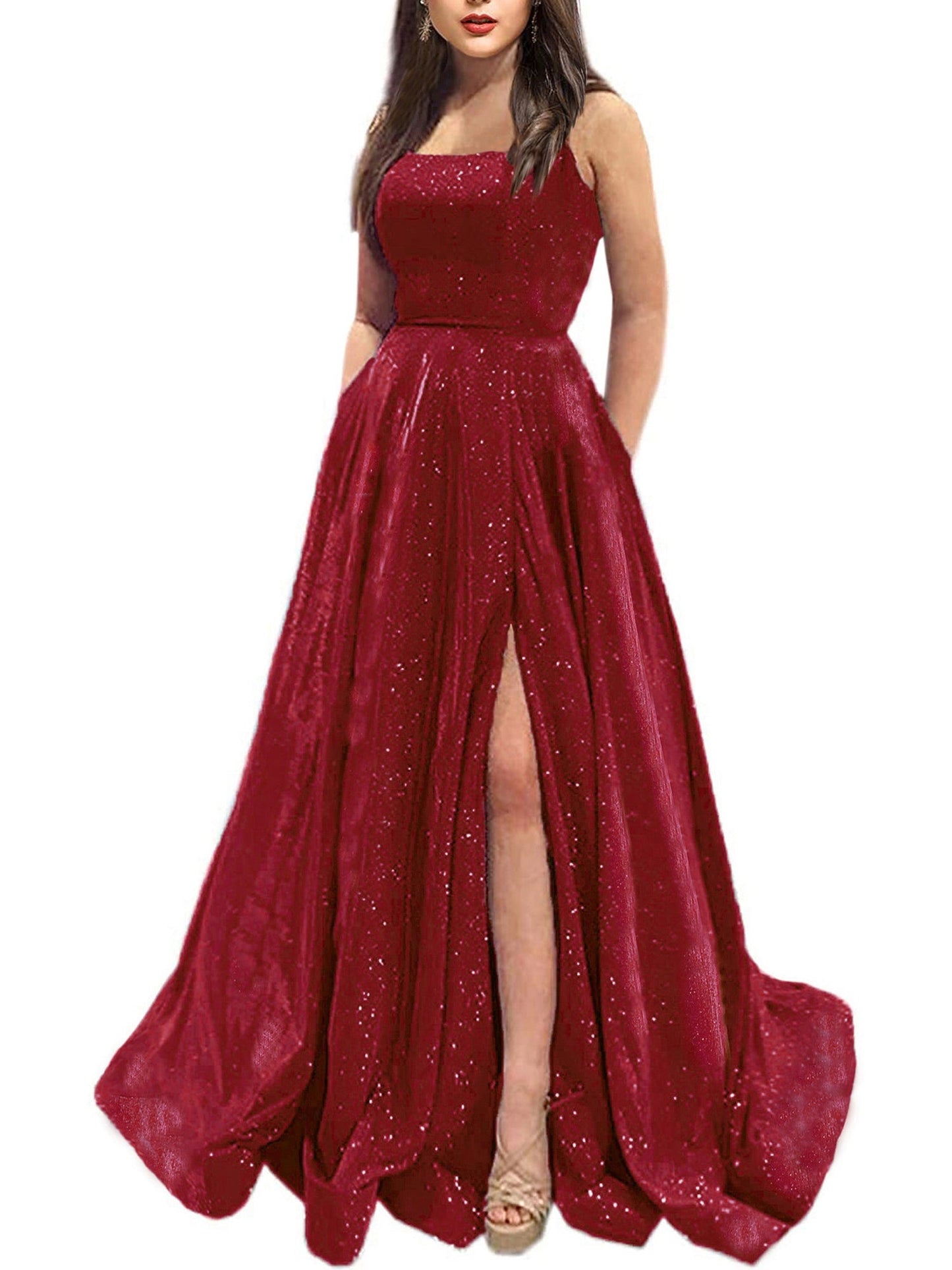 Glitter A-Line Spaghetti Straps Sleeveless Prom Dress-GD100025
