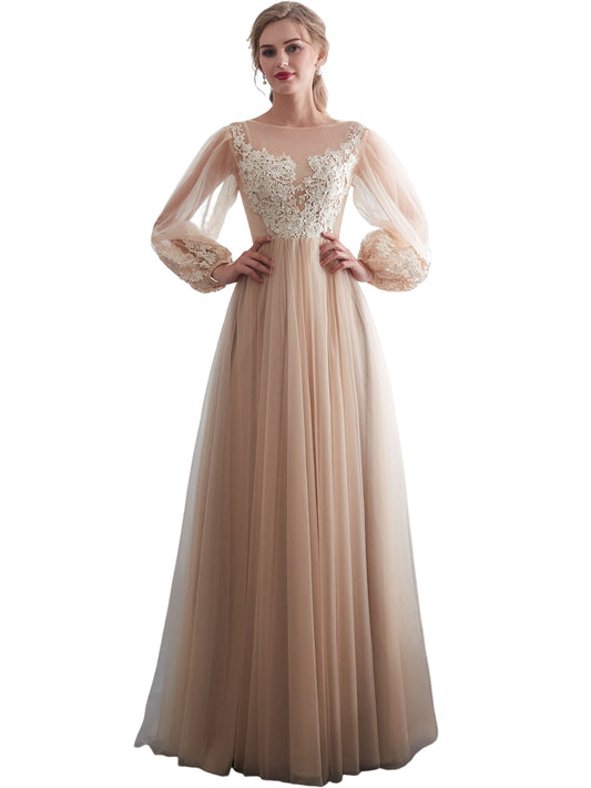 Lace A-Line Jewel Neck Long Sleeves-Prom Dress-GD100213