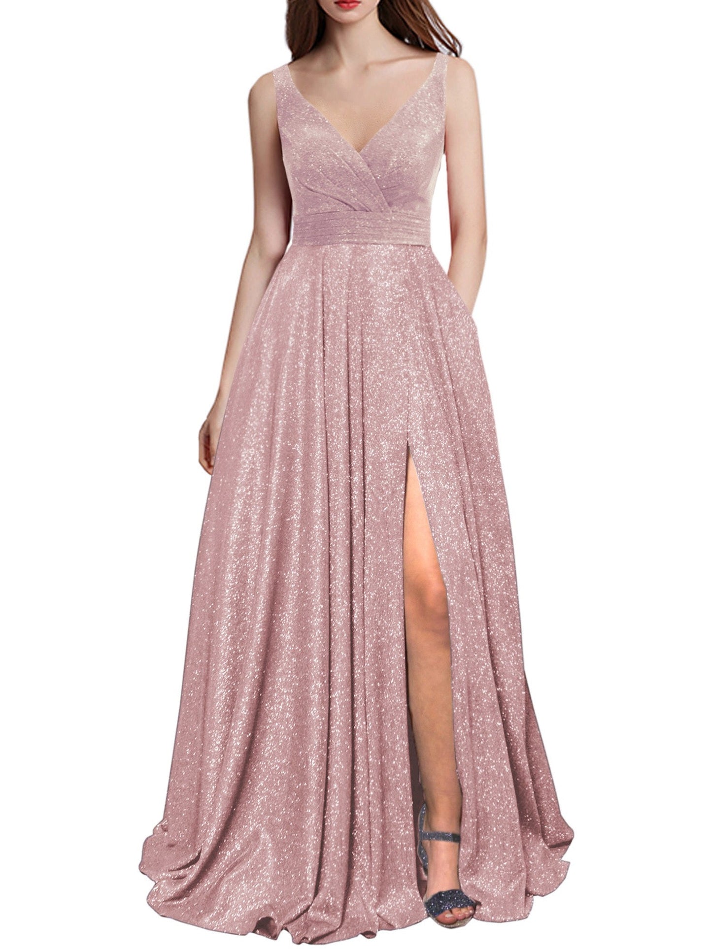 Glitter A-Line V-Neck Sleeveless Prom Dress-GD101501