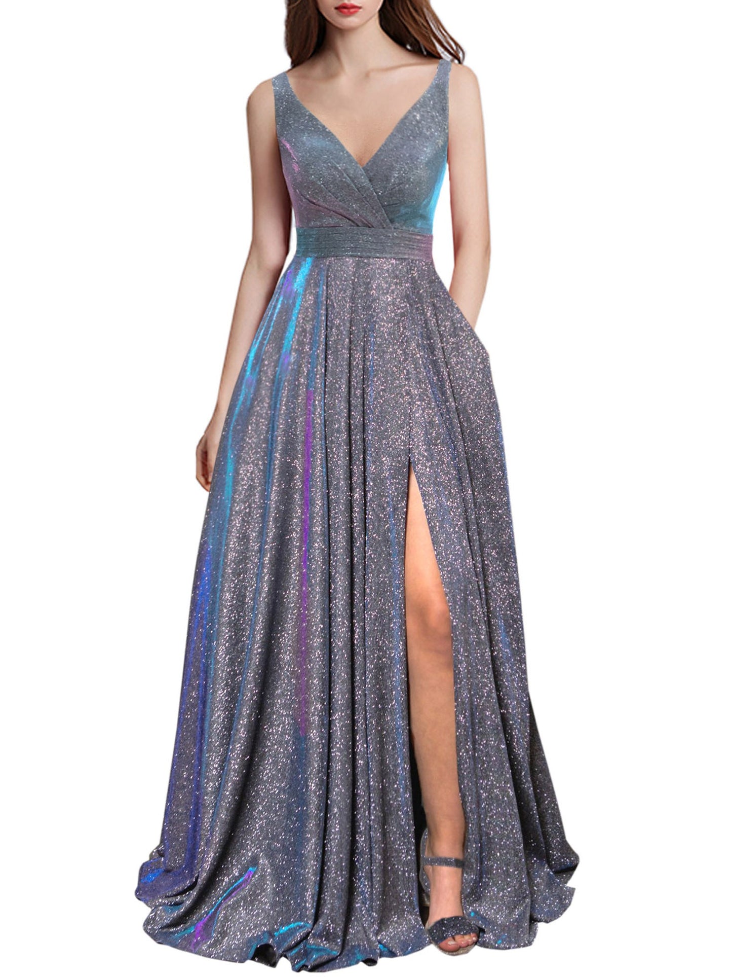 Glitter A-Line V-Neck Sleeveless Prom Dress-GD101501