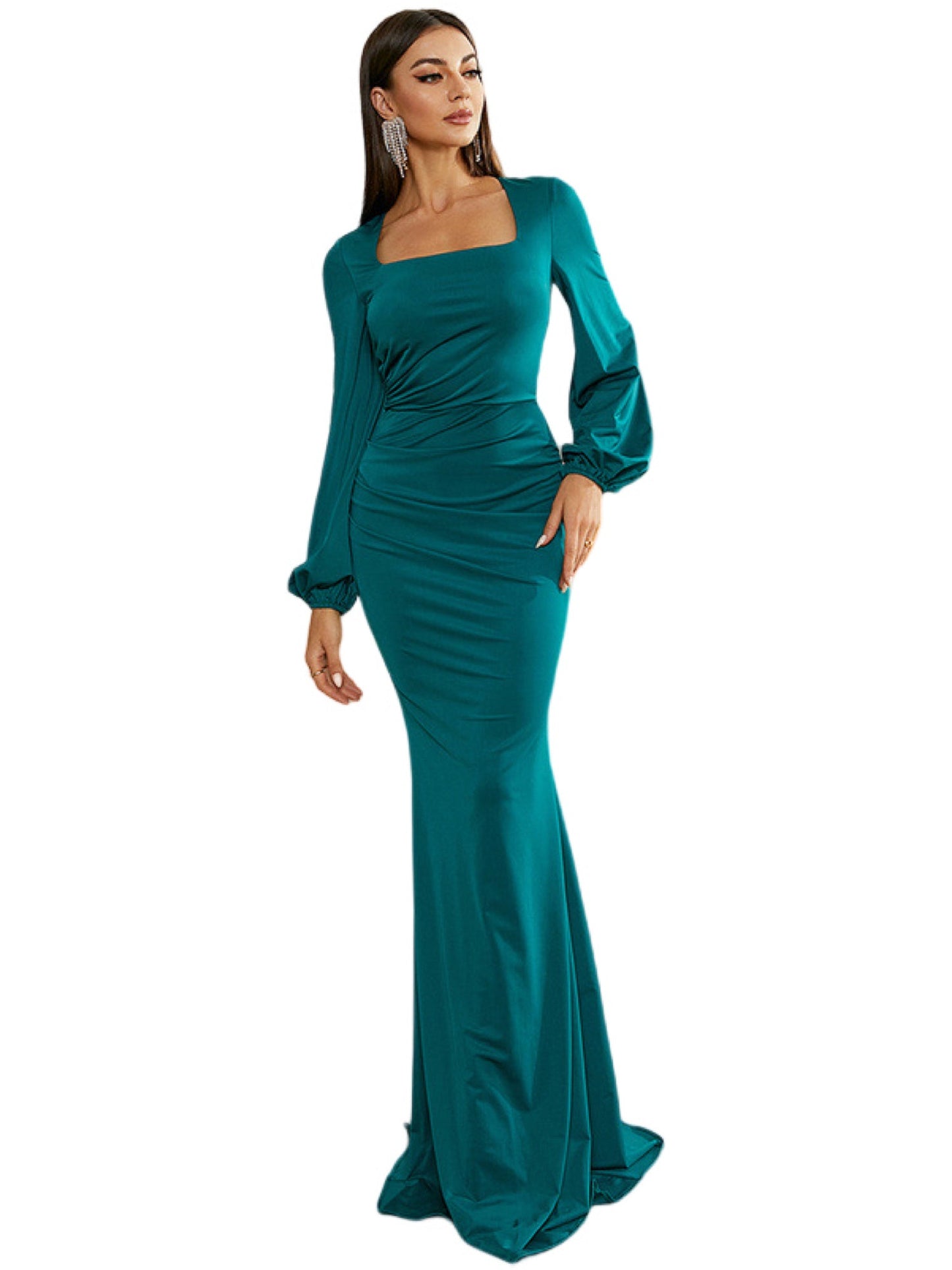 Ruched Surplice Sheath Boat Neck Long Sleeves-Prom Dress-GD101578