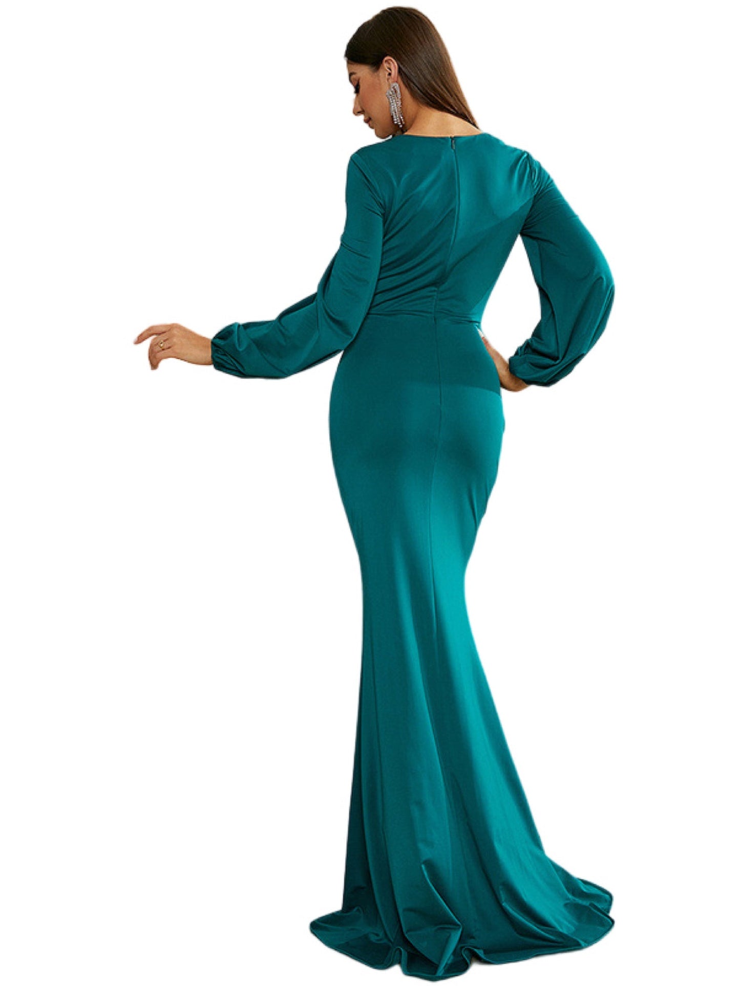 Ruched Surplice Sheath Boat Neck Long Sleeves-Prom Dress-GD101578