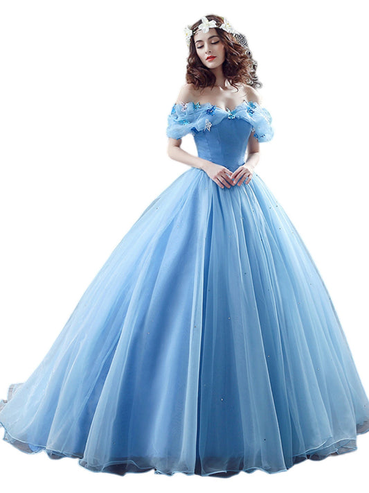 Glitter Tulle Empire Off the Shoulder Sleeveless-Prom Dress-GD101594