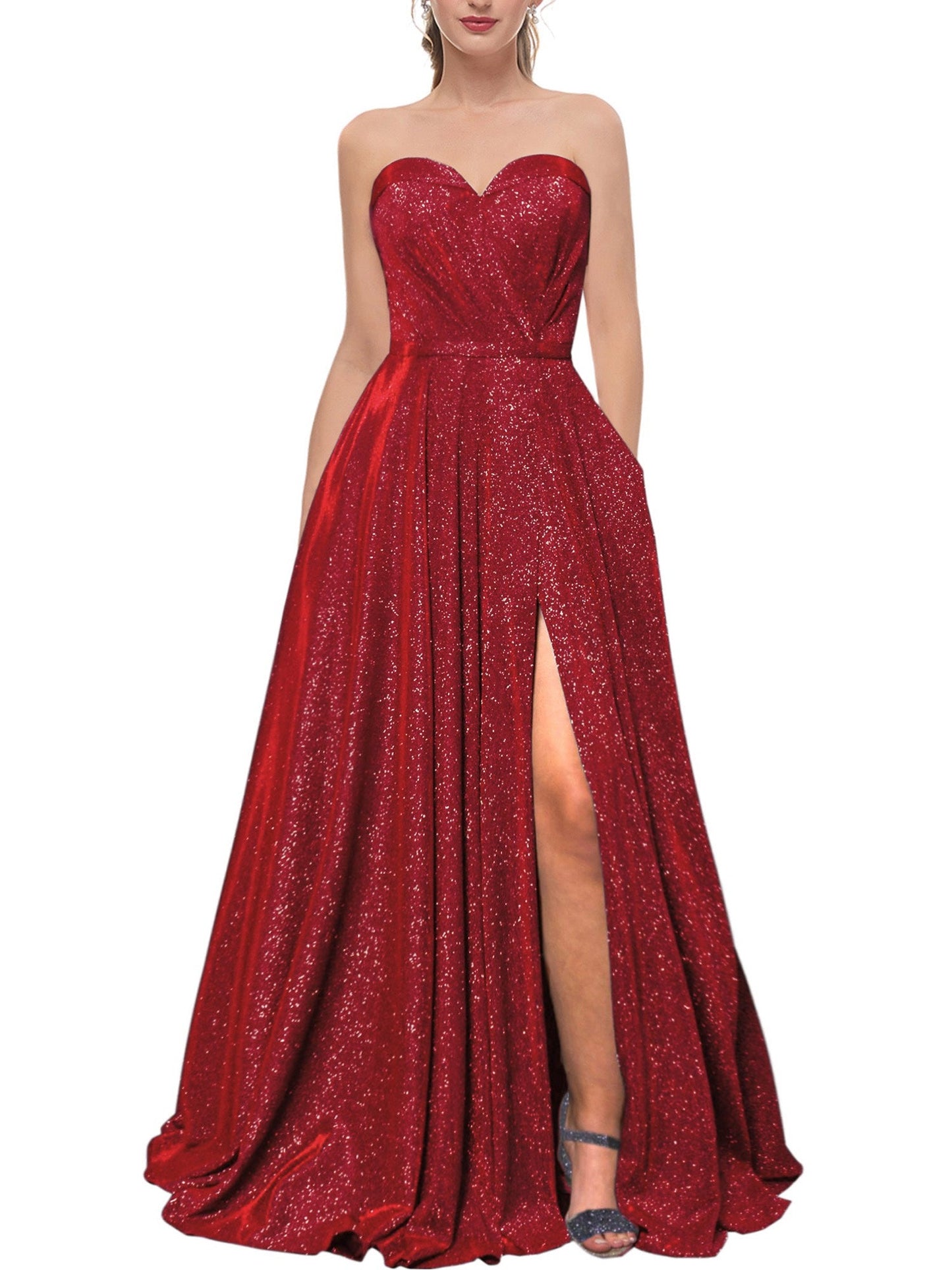 Glitter A-Line V-Neck Sleeveless Prom Dress-GD101631