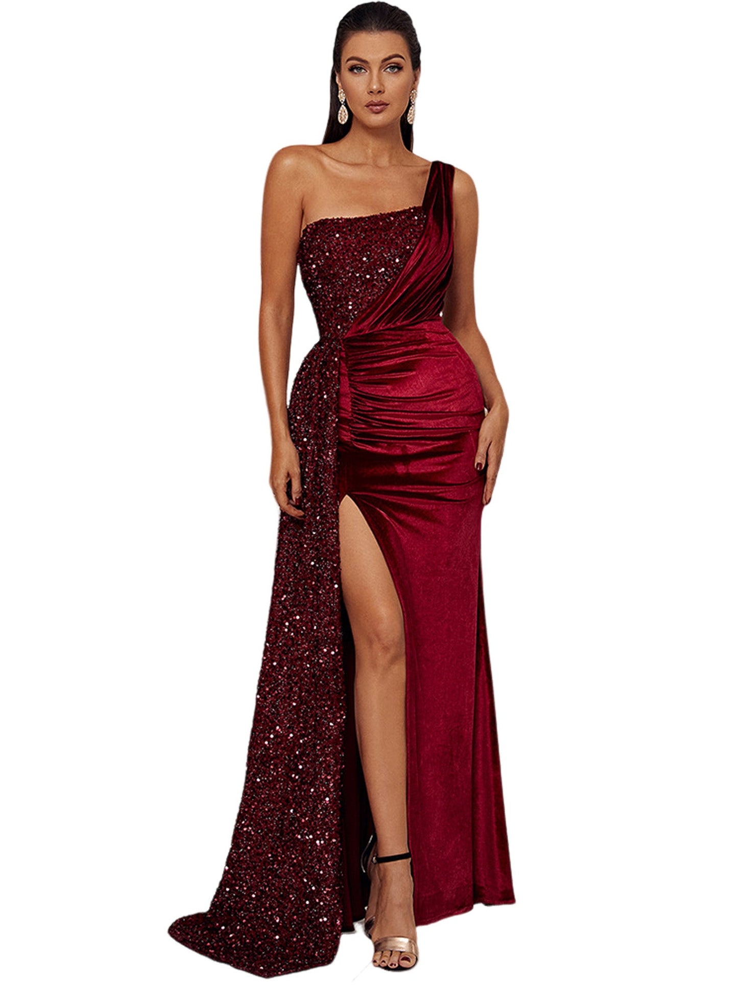 Velvet Sheath One Shoulder Sleeveless-Prom Dress-GD101634