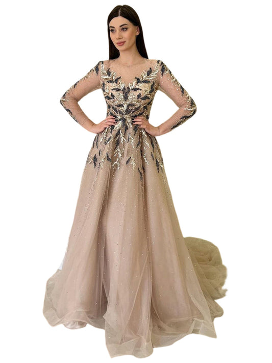 Tulle A-Line V-Neck Long Sleeves-Prom Dress-GD101644