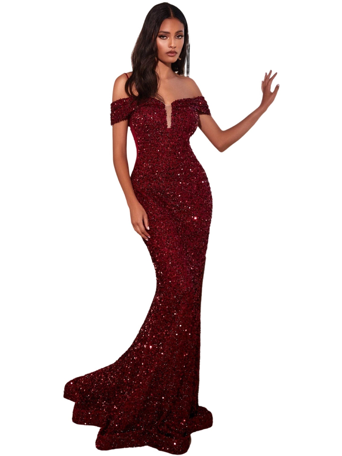 Sequin Mermaid Off the Shoulder Sleeveless Prom Dress-GD101675