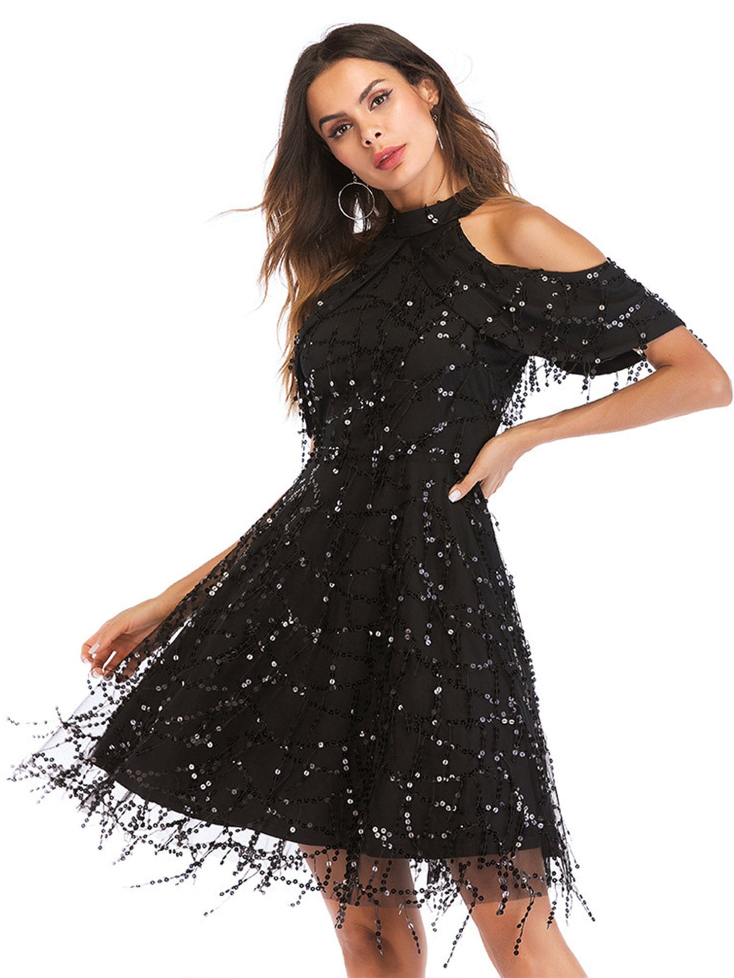 Sequin A-Line High Neck Sleeveless-Dress-GD101714