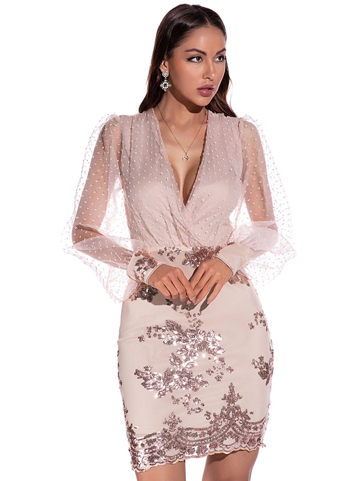 Lace Sheath V-Neck Long Sleeves Dress-GD101725