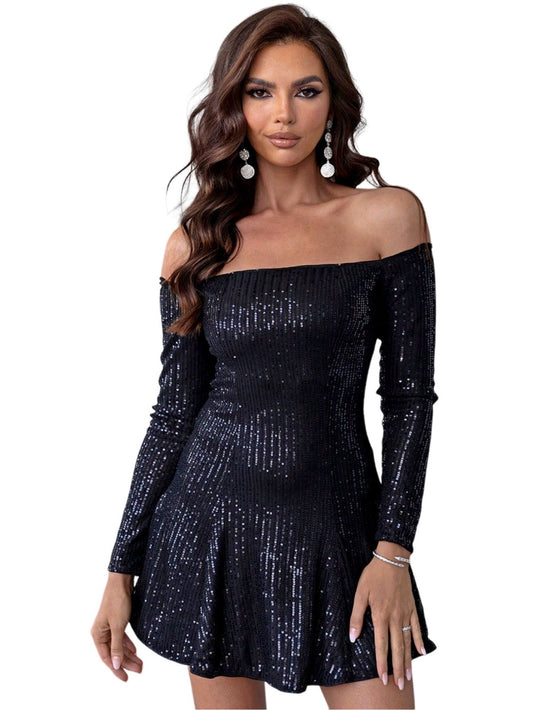 Sequin A-Line Off the Shoulder Long Sleeves-Dress-GD101778