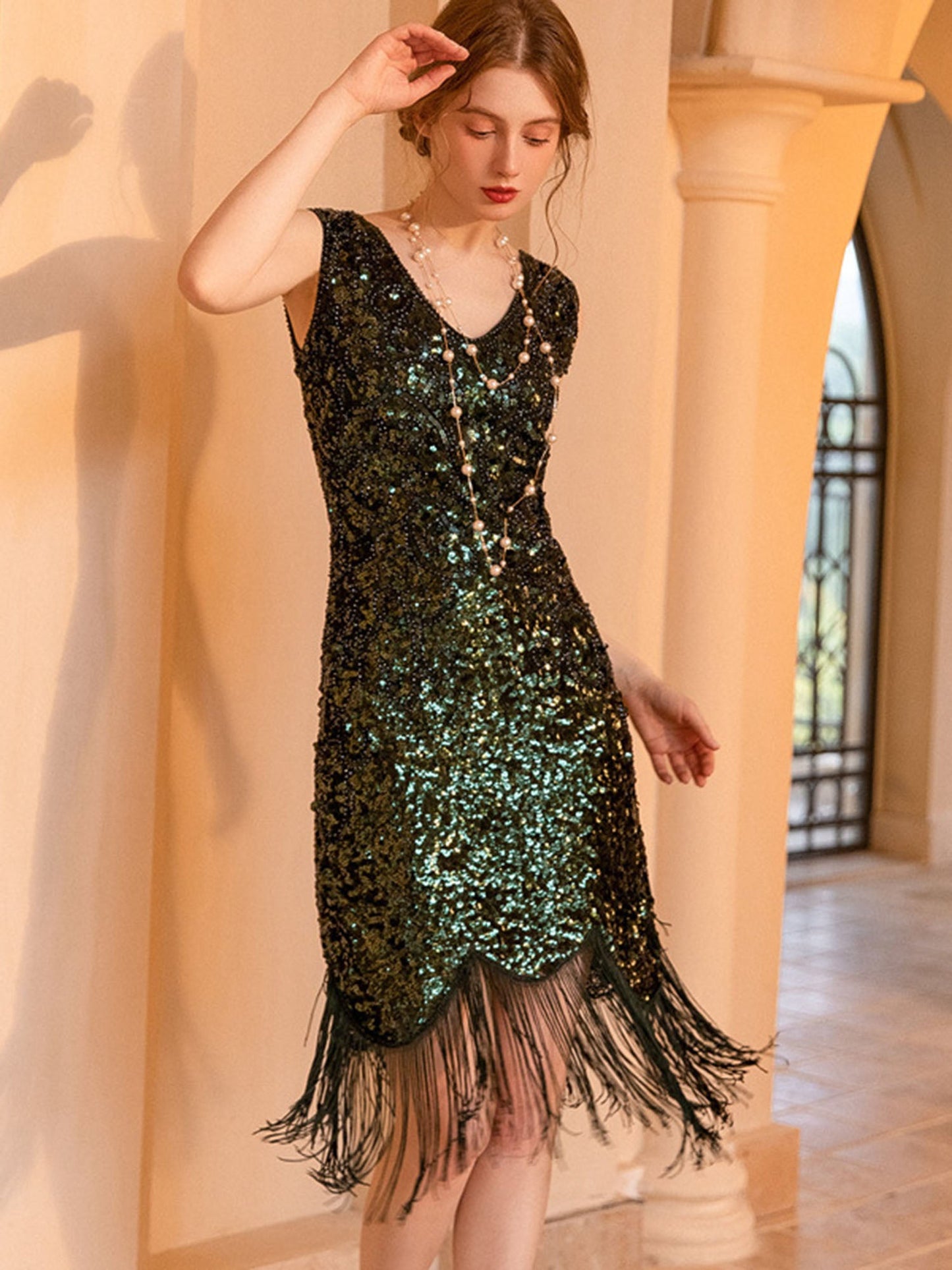 Sequin Column V-Neck Sleeveless Dress-GD101807