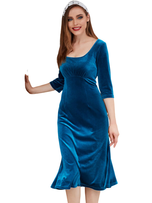 Velvet Column Square Neck Half Sleeves-Dress-GD101820