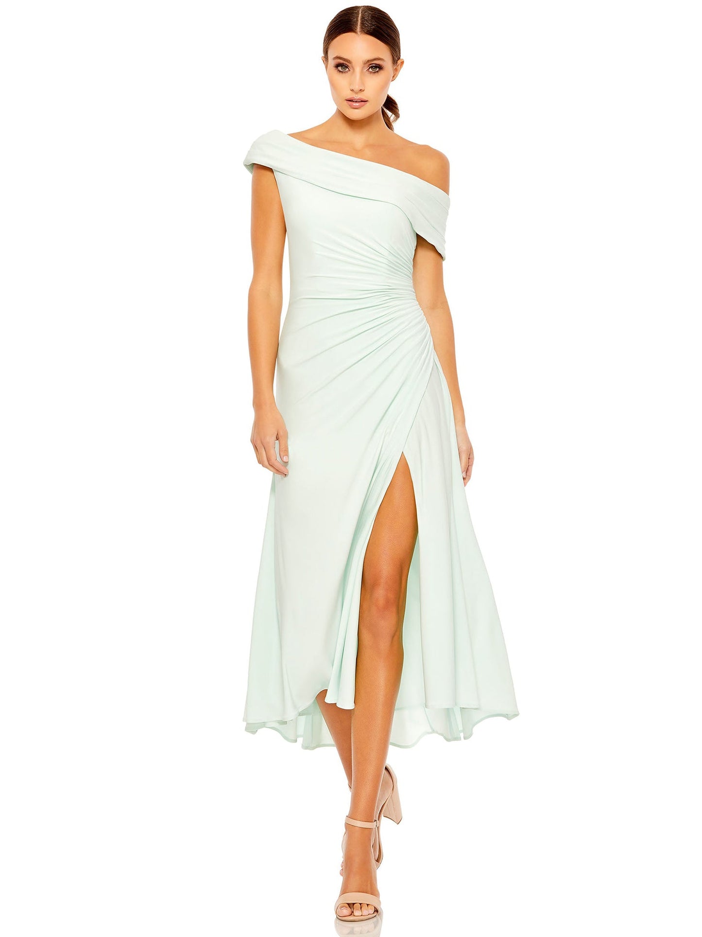 Ruched Surplice Column One Shoulder Sleeveless Dress-GD101833