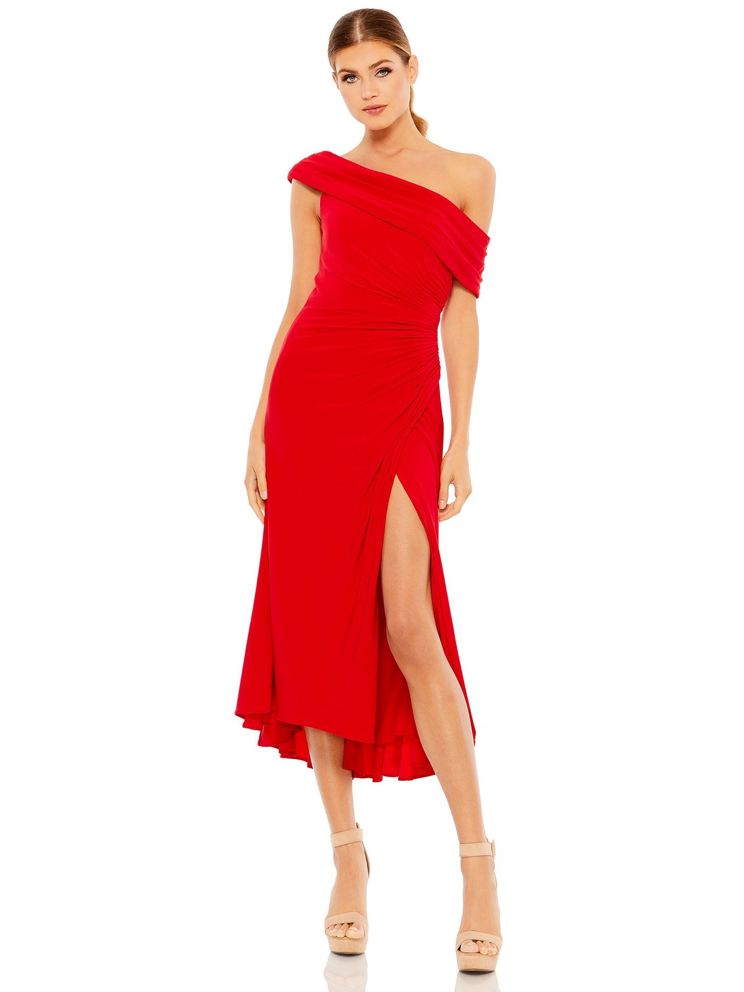 Ruched Surplice Column One Shoulder Sleeveless Dress-GD101833