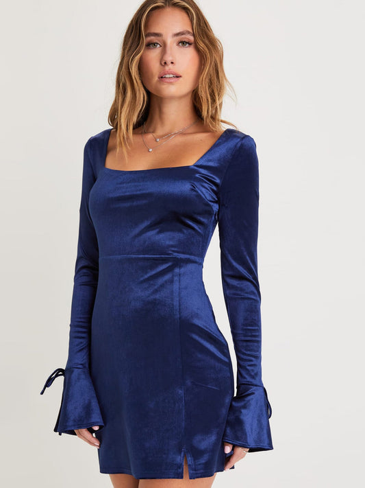 Velvet Column Boat Neck Long Sleeves-Dress-GD101852