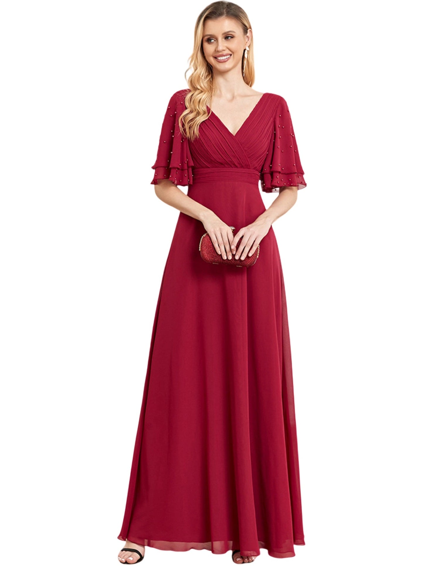 Pearl Chiffon A-Line V-Neck Half Sleeves-Dress-GD101888