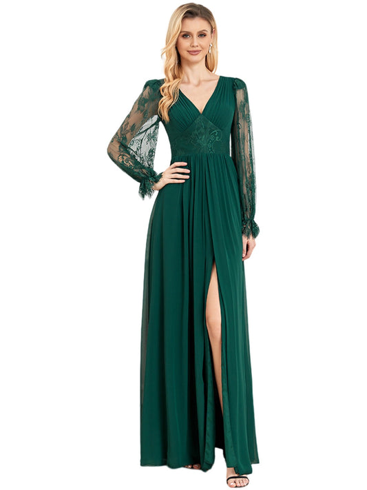 Pearl Chiffon Empire V-Neck Long Sleeves-Dress-GD101890