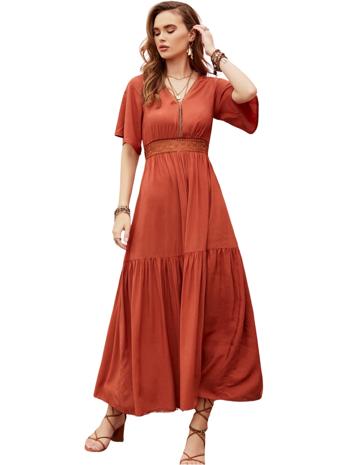 Pearl Chiffon V-Neck Half Sleeves Dress