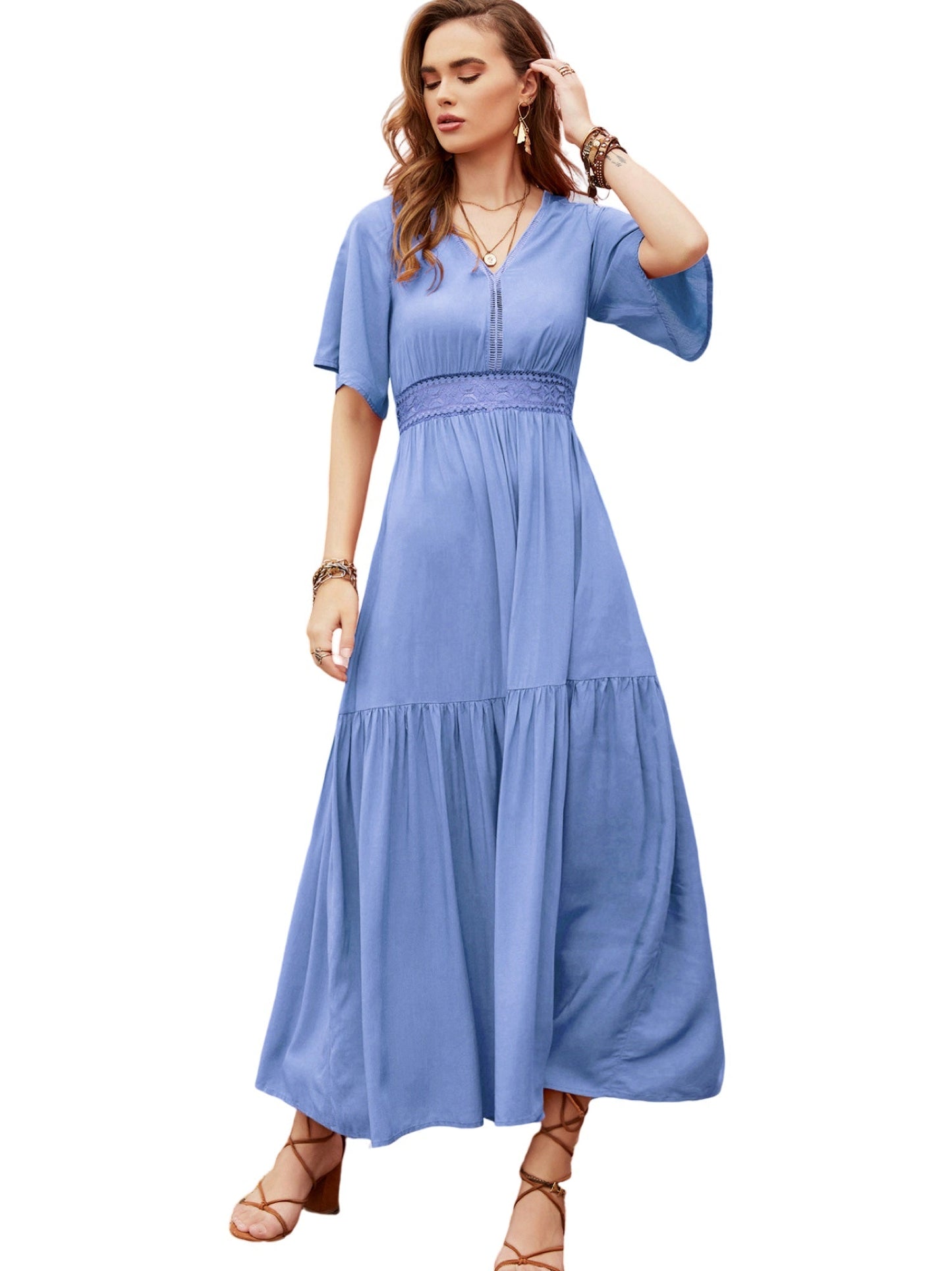 Pearl Chiffon V-Neck Half Sleeves Dress