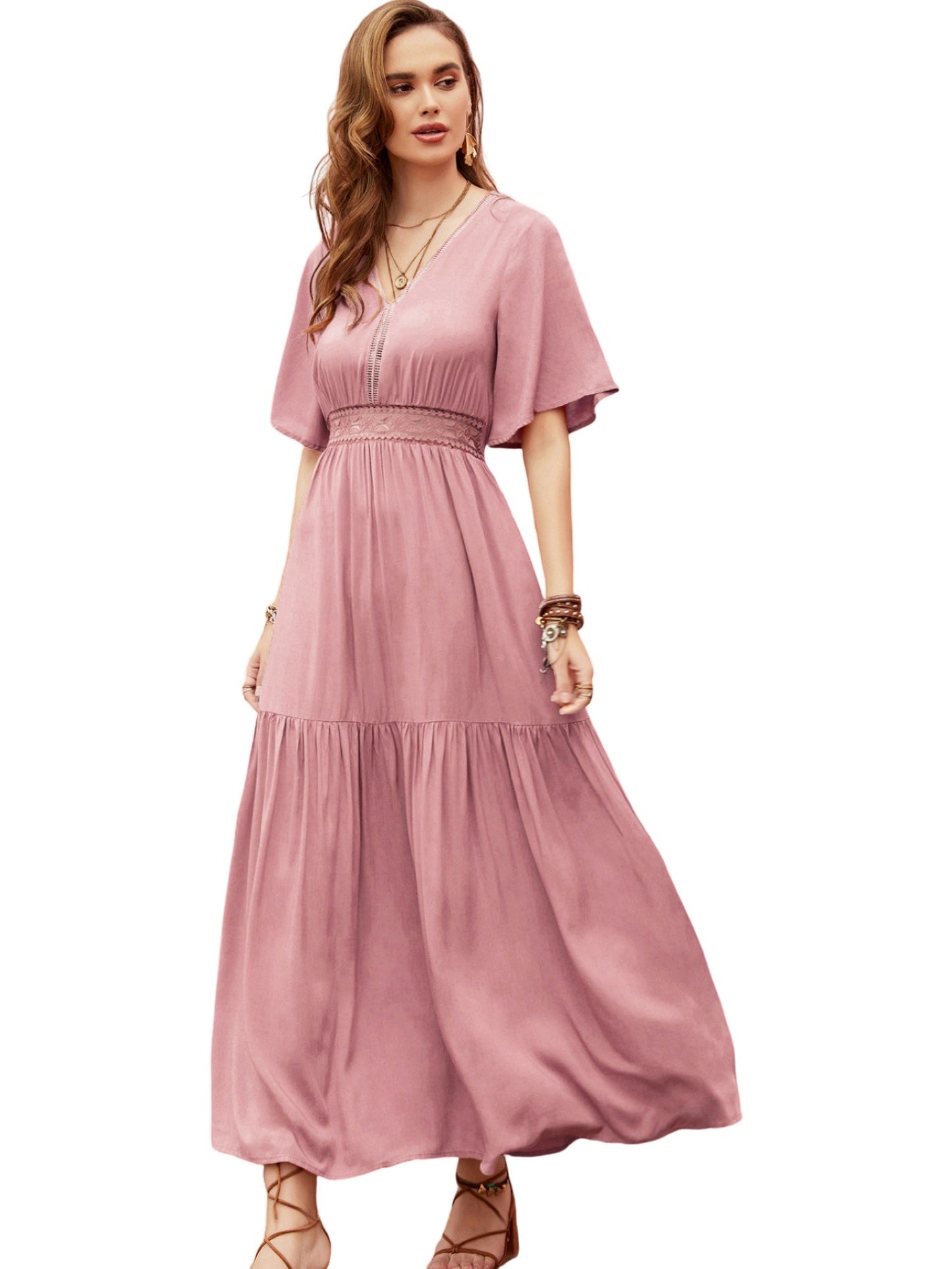 Pearl Chiffon V-Neck Half Sleeves Dress