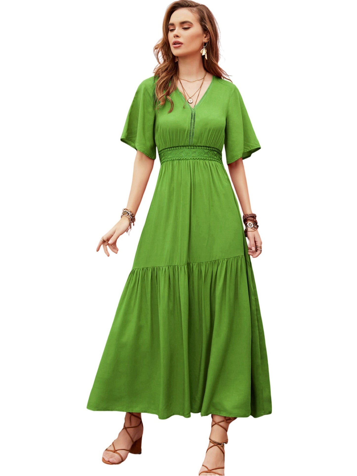 Pearl Chiffon V-Neck Half Sleeves Dress