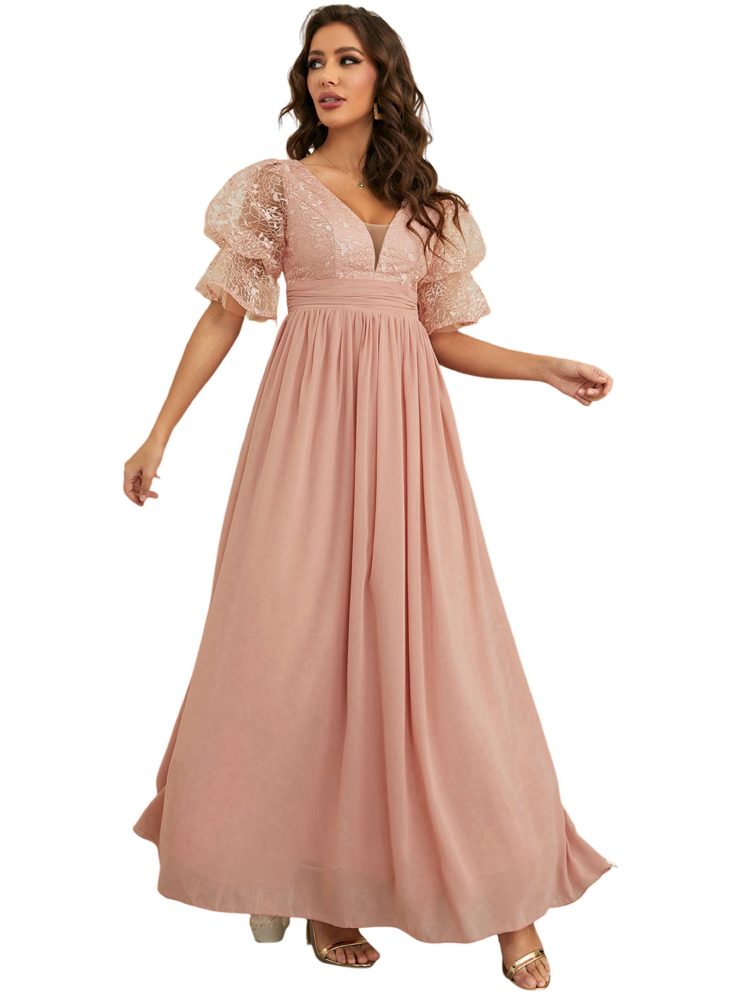 Pearl Chiffon V-Neck Half Sleeves Dress