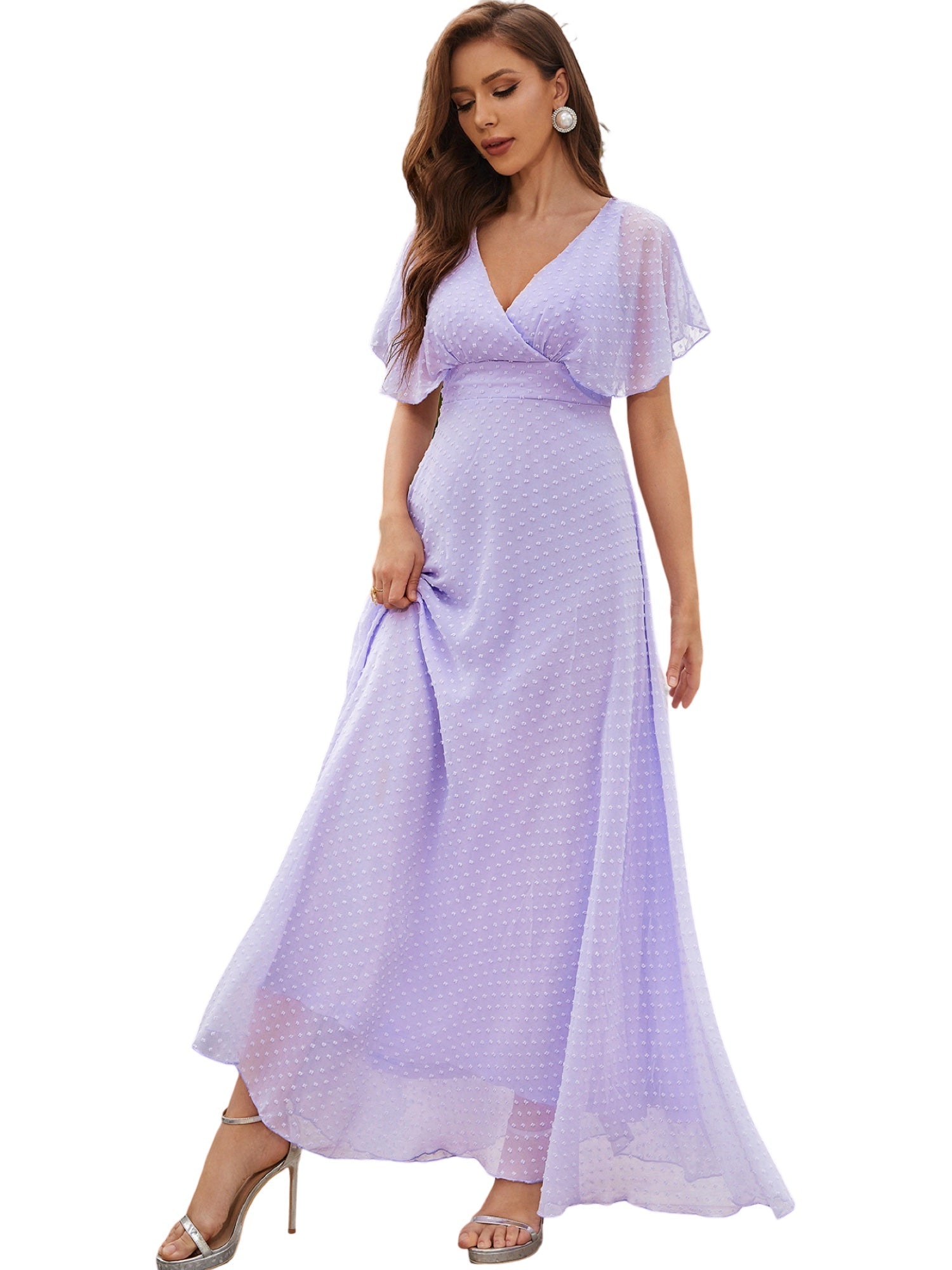 Pearl Chiffon V-Neck Half Sleeves Dress