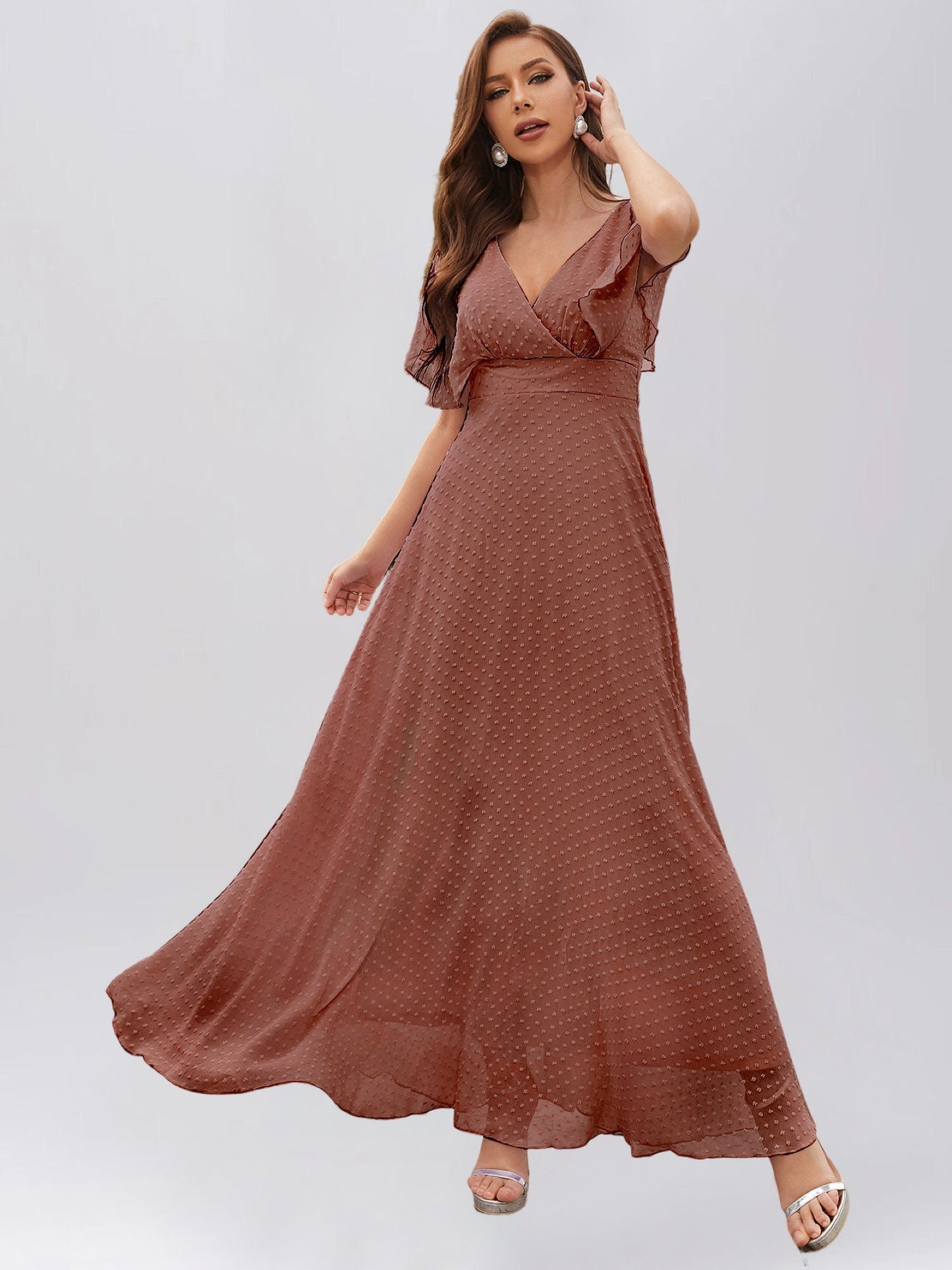 Pearl Chiffon V-Neck Half Sleeves Dress