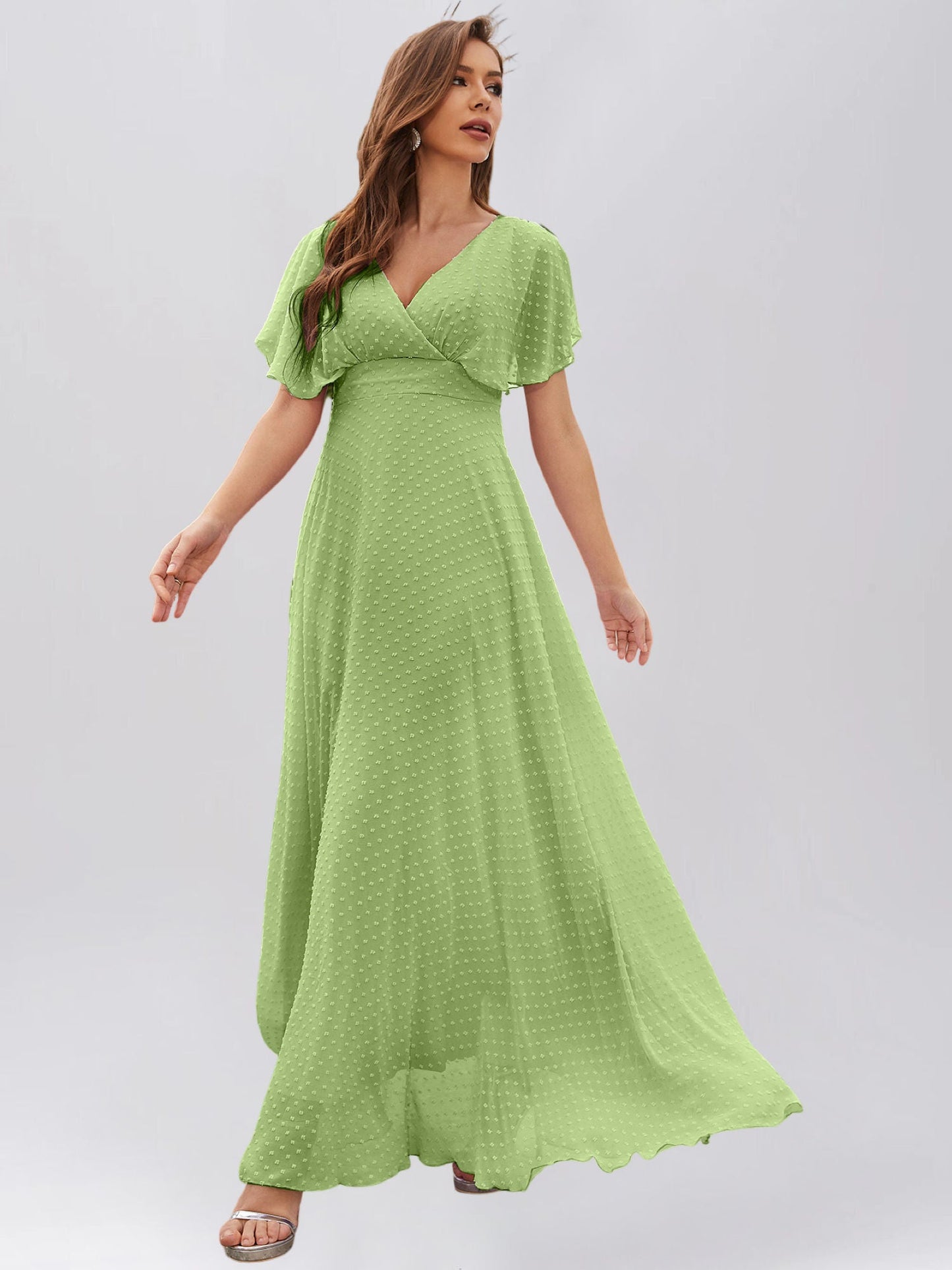 Pearl Chiffon V-Neck Half Sleeves Dress