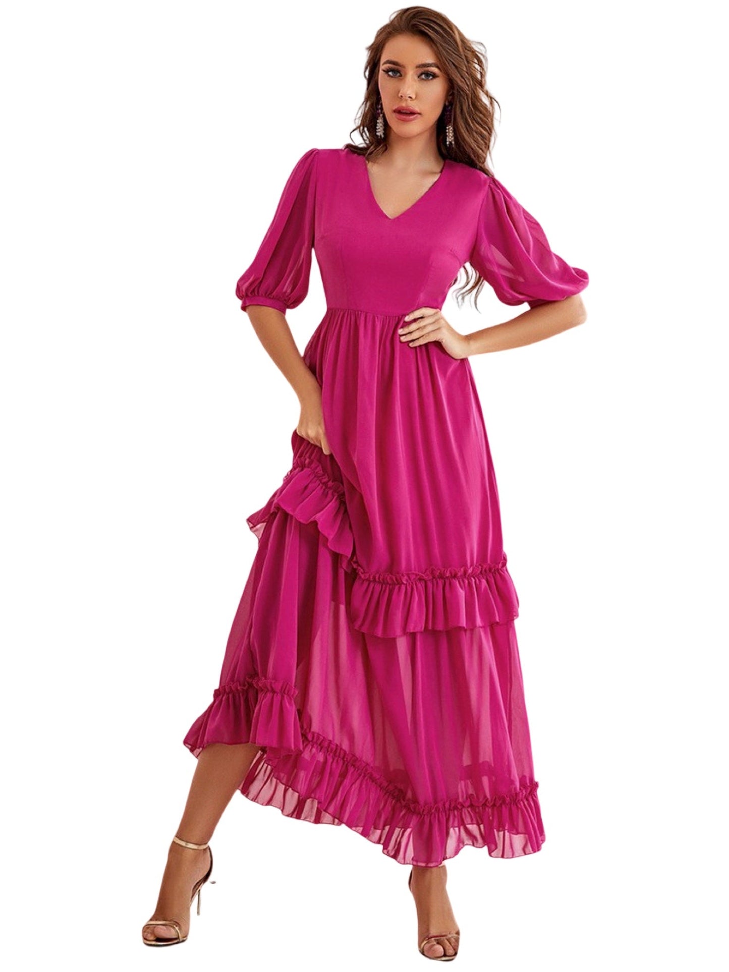 Pearl Chiffon V-Neck Half Sleeves Dress