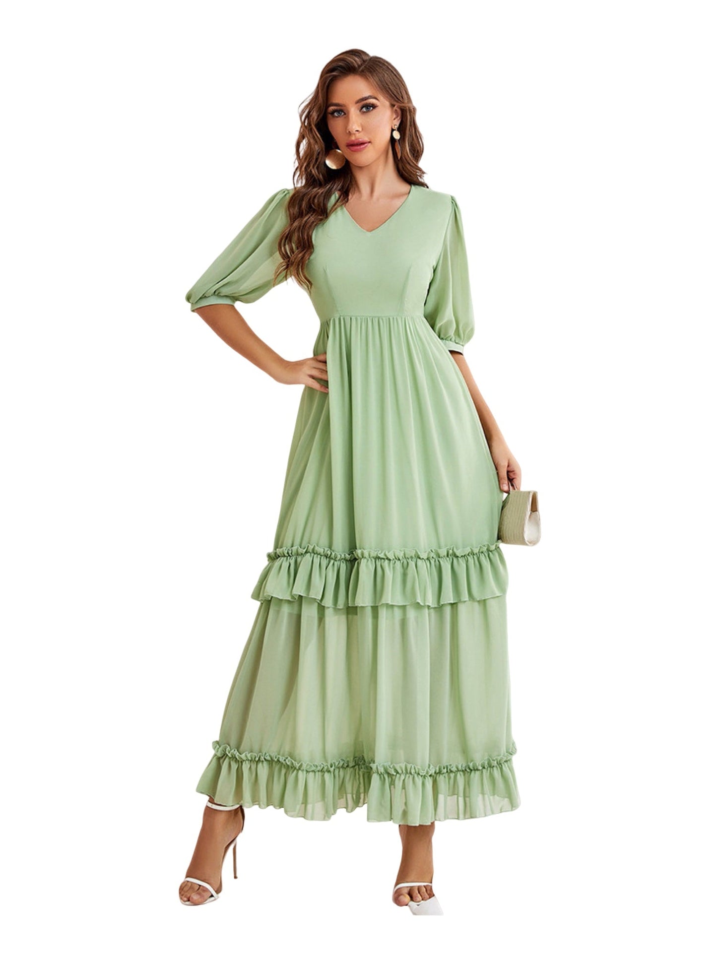 Pearl Chiffon V-Neck Half Sleeves Dress