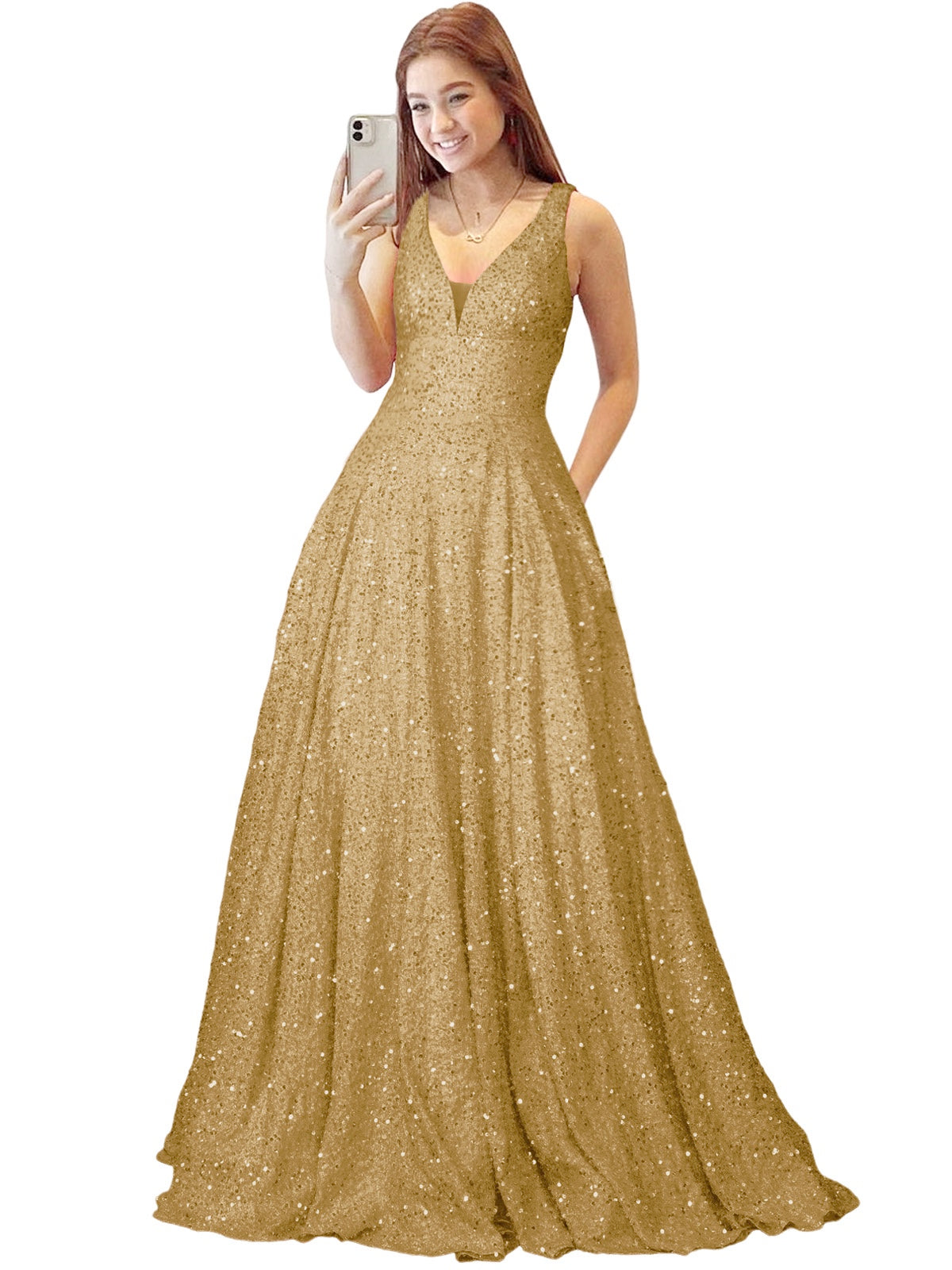Sequin A-Line V-Neck Sleeveless Prom Dress-GD101934