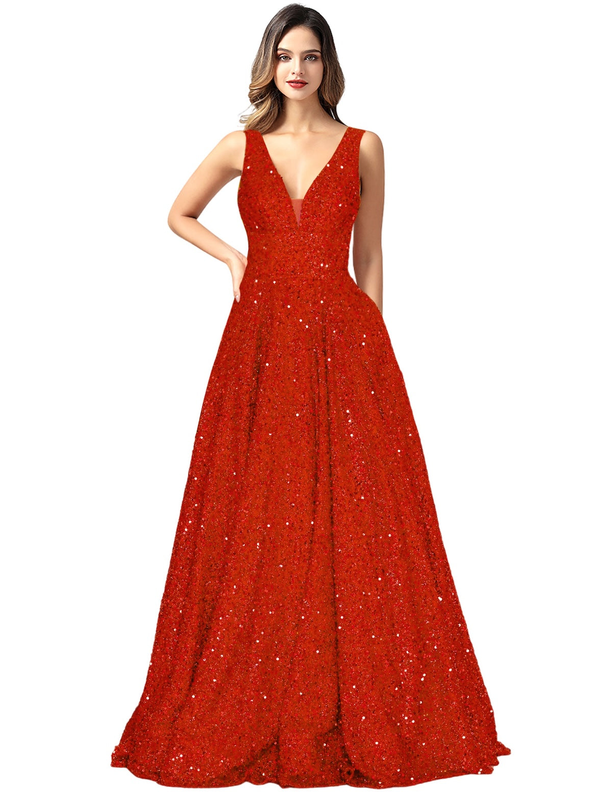 Sequin A-Line V-Neck Sleeveless Prom Dress-GD101934