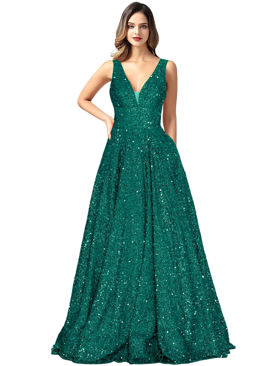 Sequin A-Line V-Neck Sleeveless Prom Dress-GD101934
