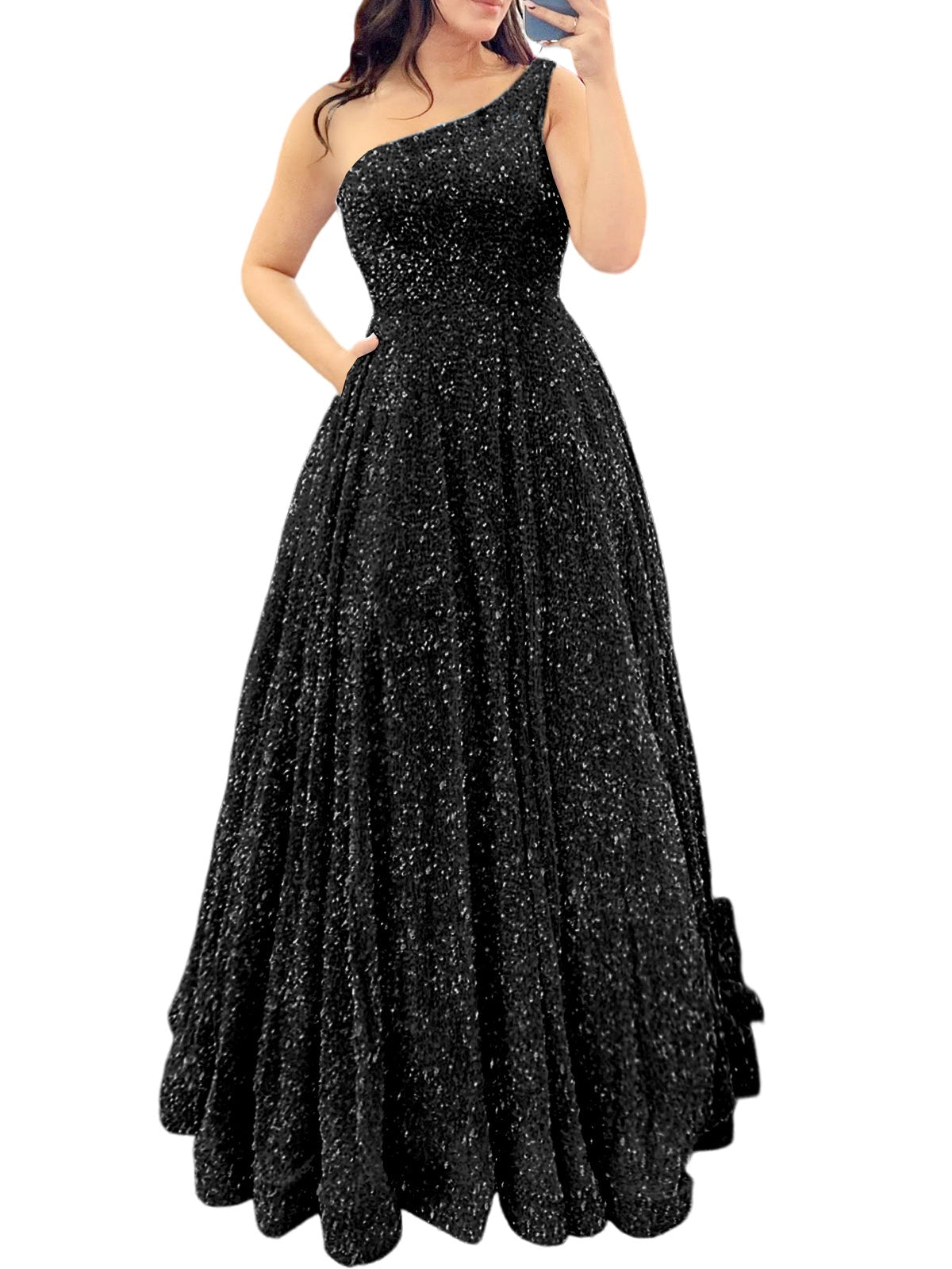 Sequin A-Line One Shoulder Sleeveless Prom Dress-GD101936