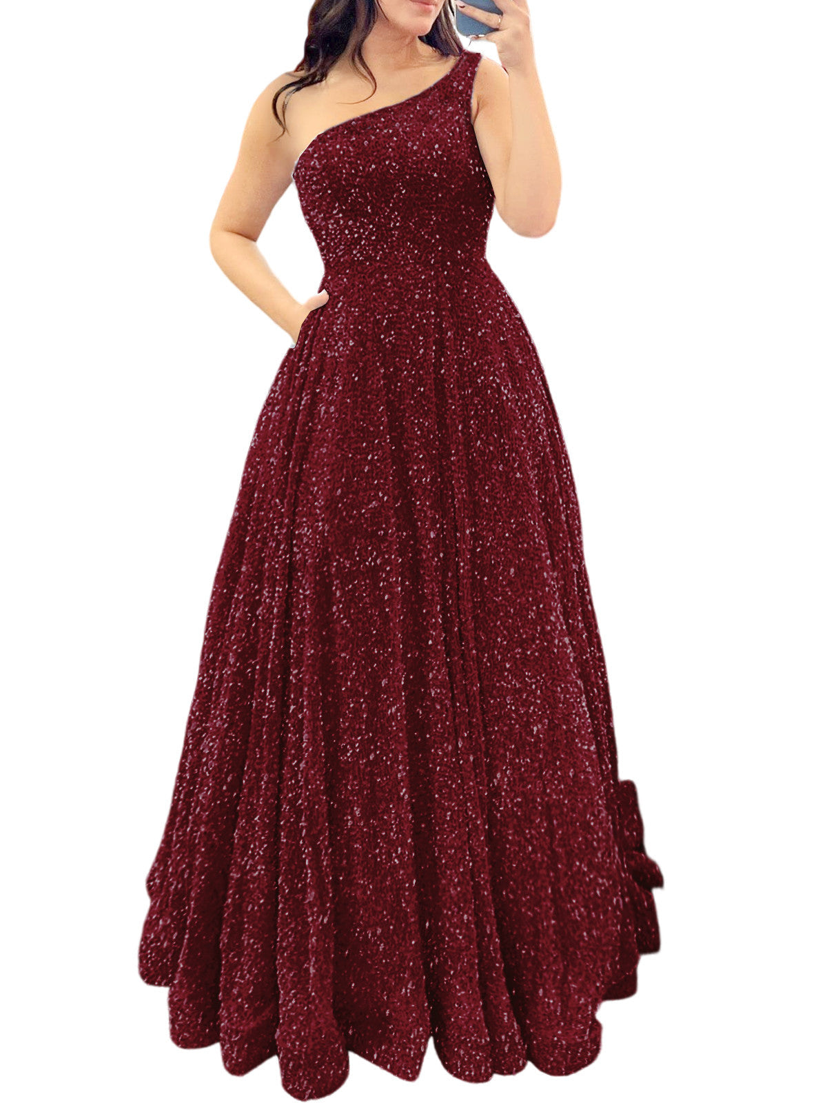 Sequin A-Line One Shoulder Sleeveless Prom Dress-GD101936