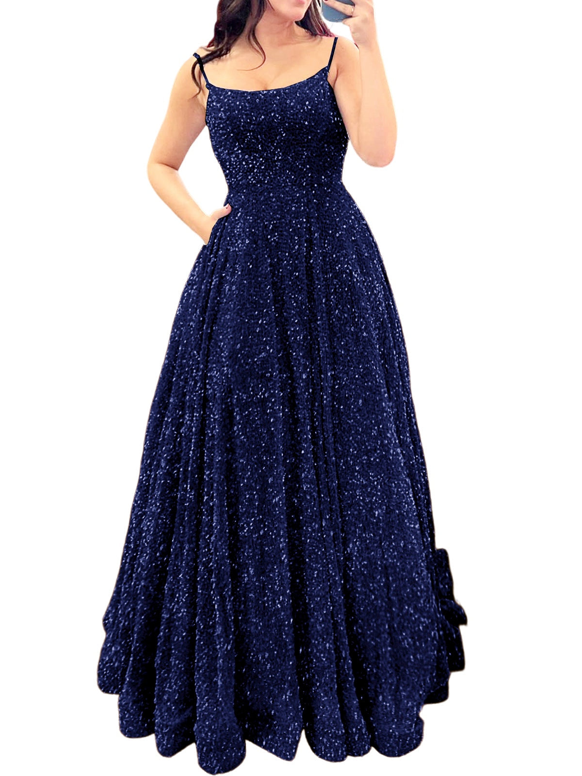 Sequin A-Line Spaghetti Straps Sleeveless Prom Dress-GD101937