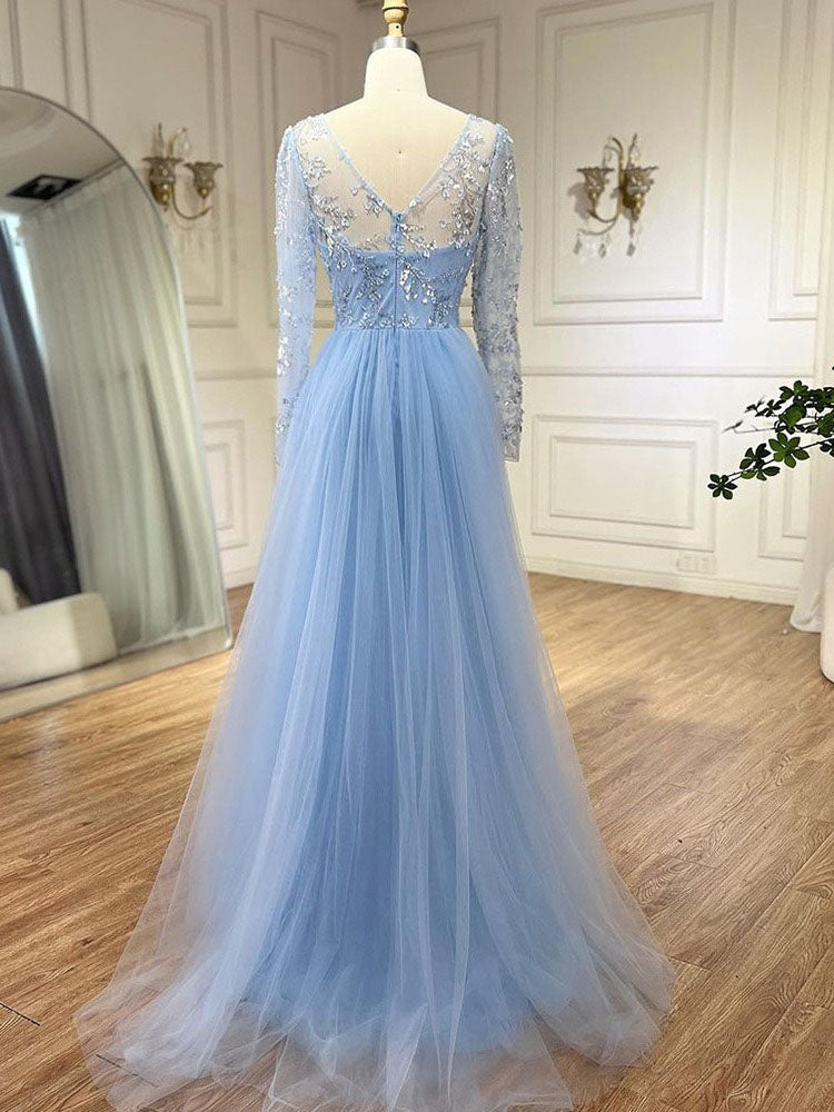 Tulle with Beading V-Neck Long Sleeves