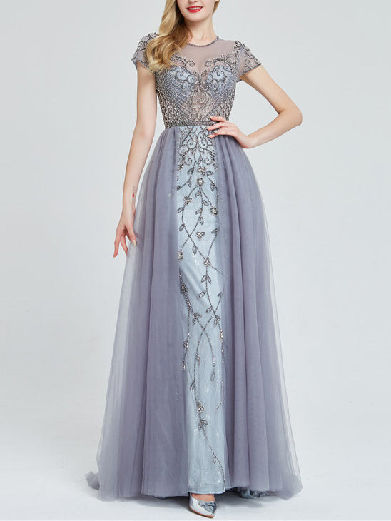 Tulle with Beading A-Line Scoop Neck Half Sleeves Dress-GD102024