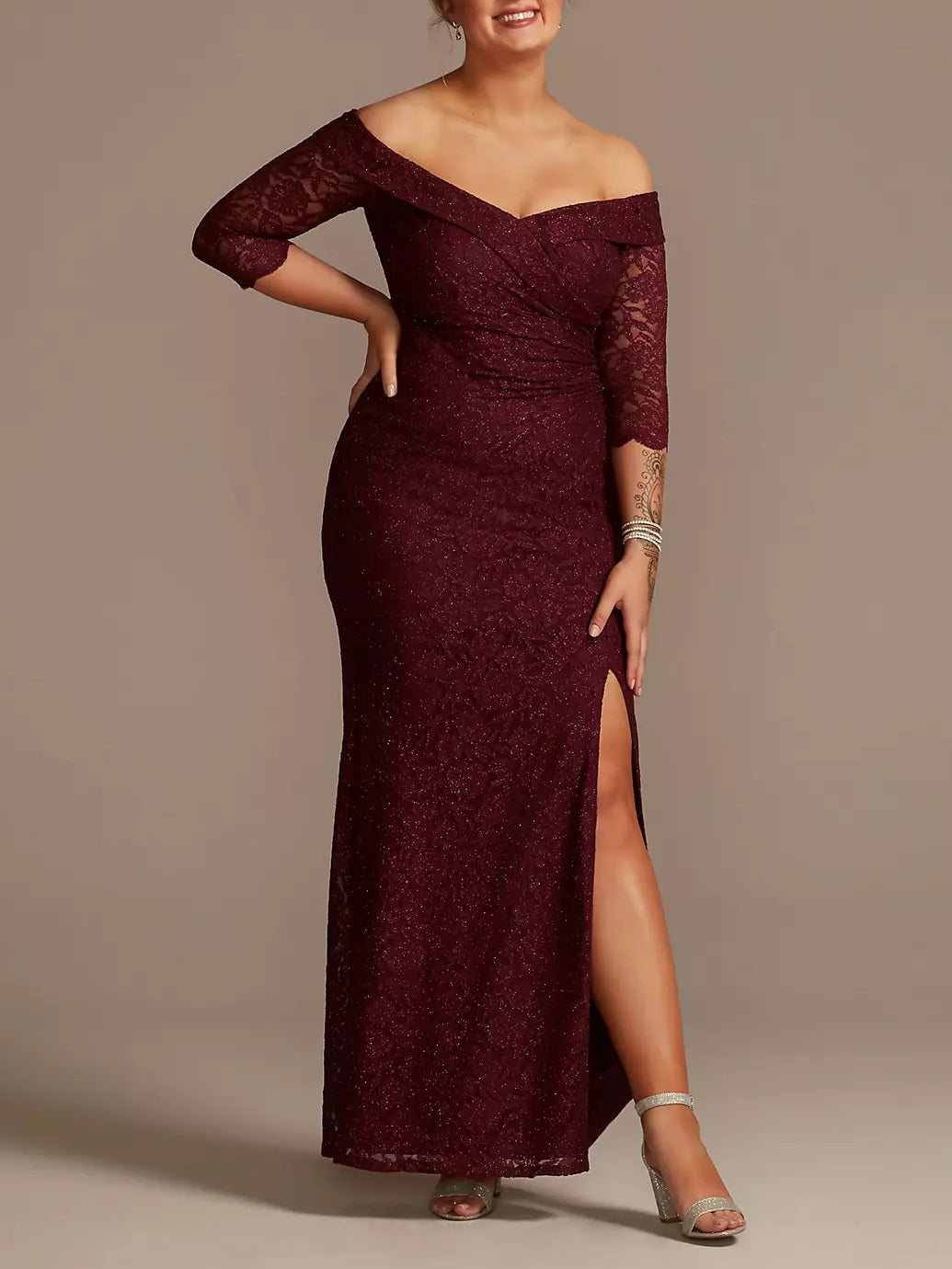 Lace Column Off the Shoulder Half Sleeves Dress-GD102048