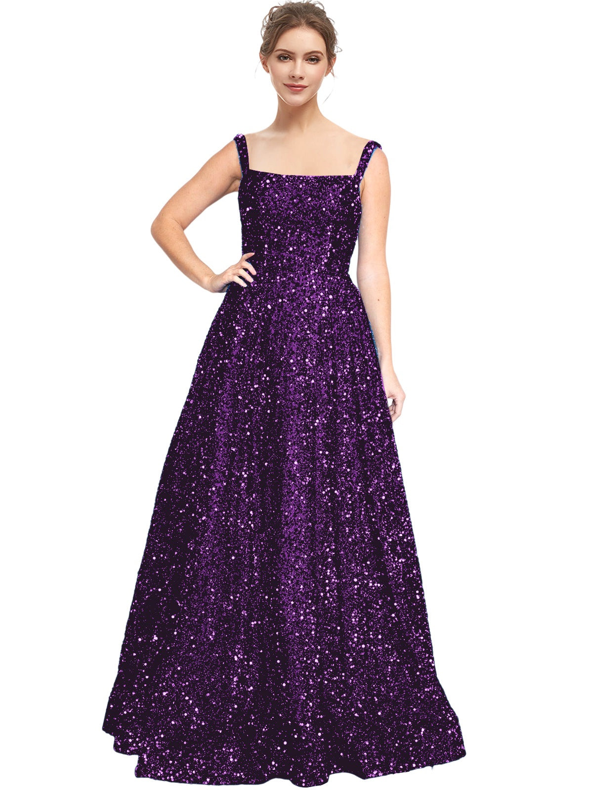 Sequin A-Line Square Neck Sleeveless Prom Dress-GD102059