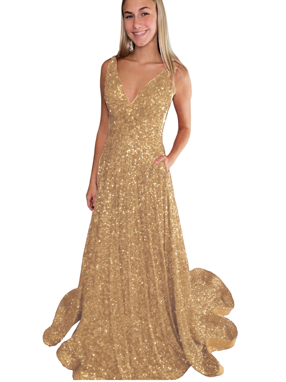 Sequin A-Line V-Neck Sleeveless Prom Dress-GD102060